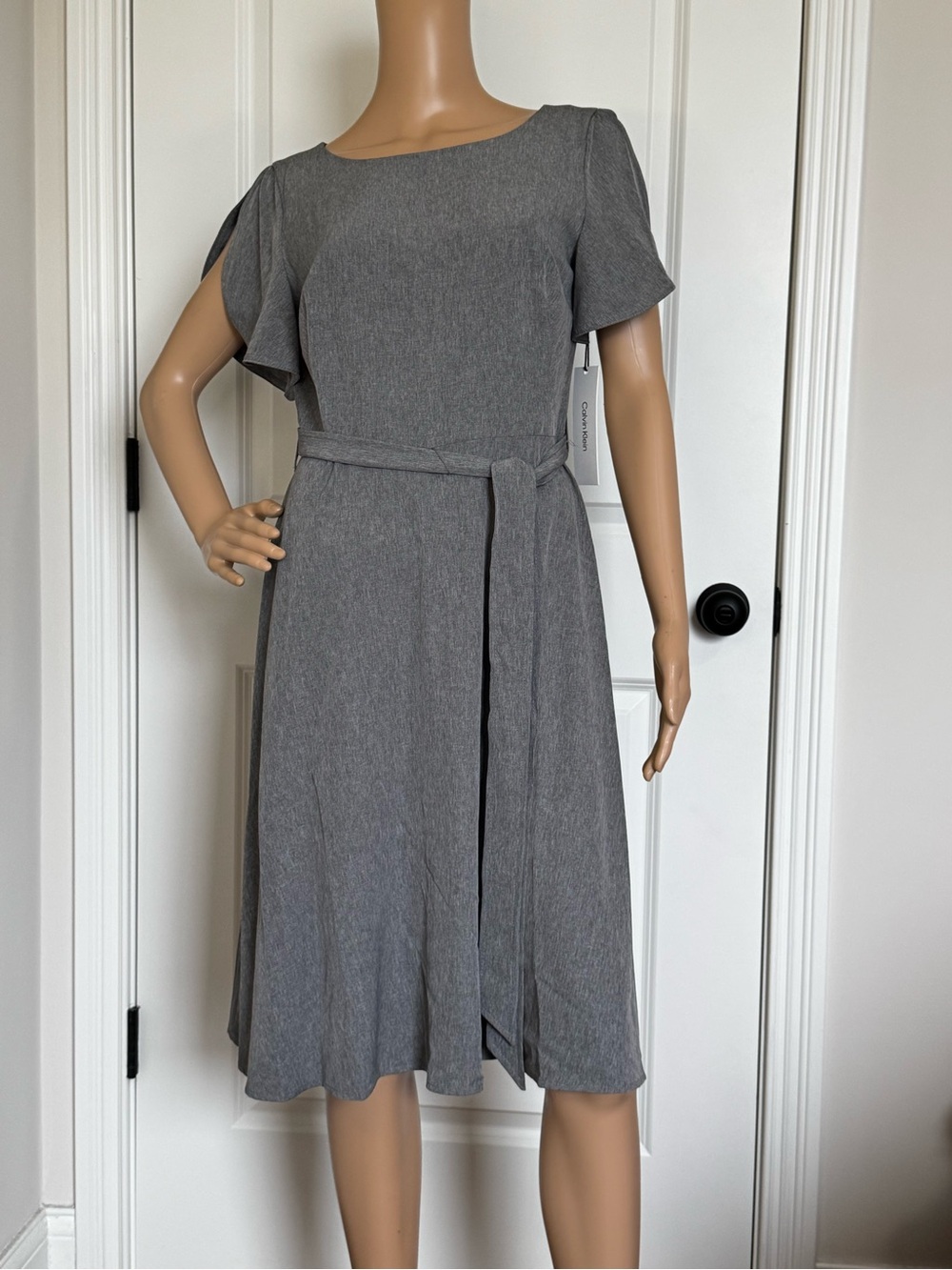 Calvin Klein Gray Belted Midi Dress Flutter Sleeve A-Line NWT Sz 8